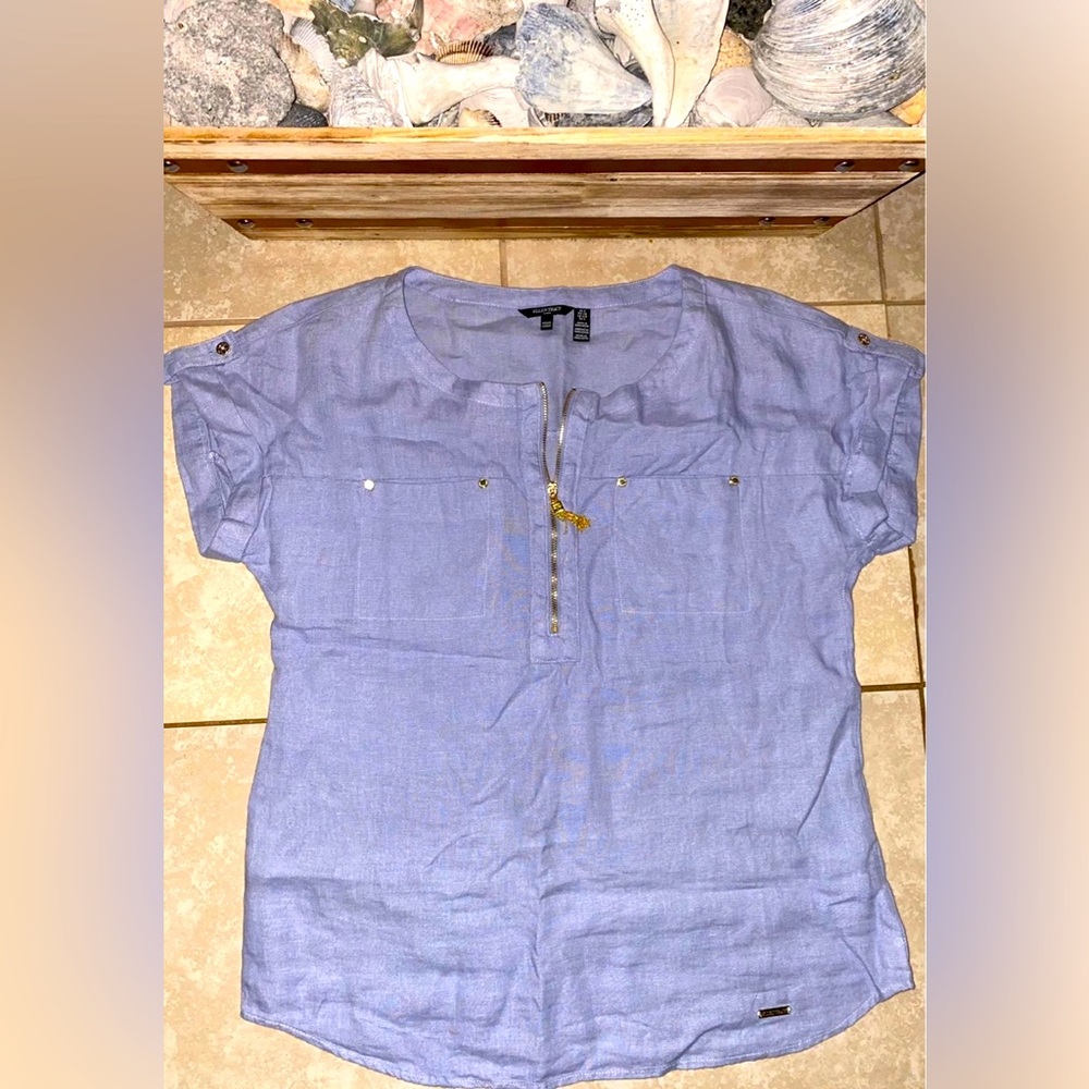 EllenTracy Women’s Shirt Light With Half Golden Accented Zipper 100%Linen Size 5
